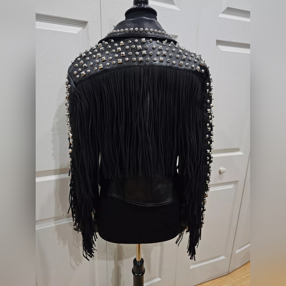 ~SOLD~ Dolls Kill Black Studded AZALEA WANG Ryder Fringe Faux Leather Jacket M - Picture 15 of 16